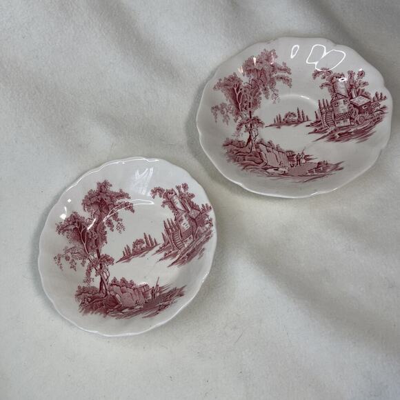 The Old Mill Johnson Brothers Red Transferware 5" Dessert Dish And 6” Saucer - Picture 1 of 4